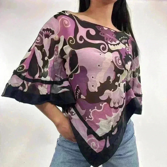rare floral semi sheer  100% silk ruffle scarf top - Picture 2 of 3